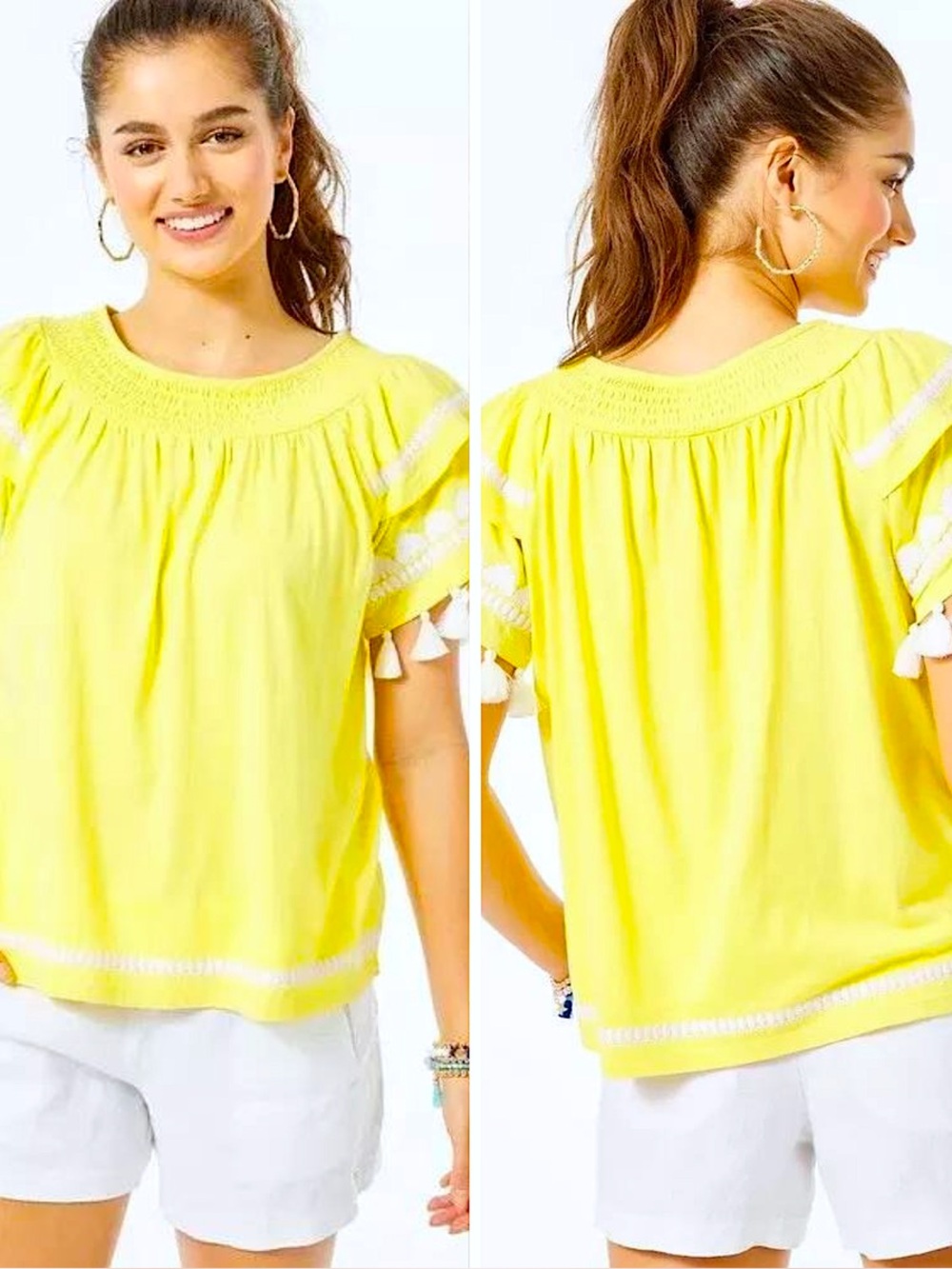 Lilly Pulitzer Nailah Top Lillys Lemon Yellow Tassel Embroidery Size Small